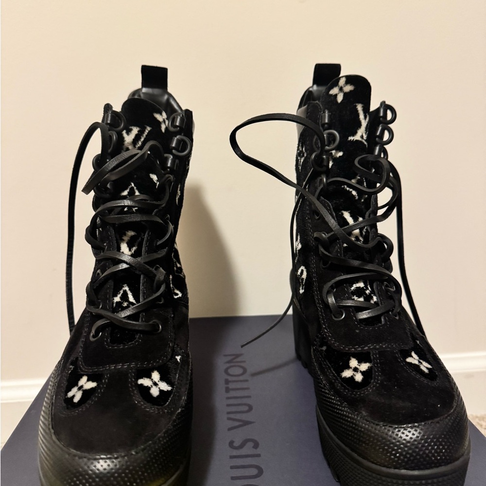 Authentic Louis Vuitton Black and White Floral Combat Boots